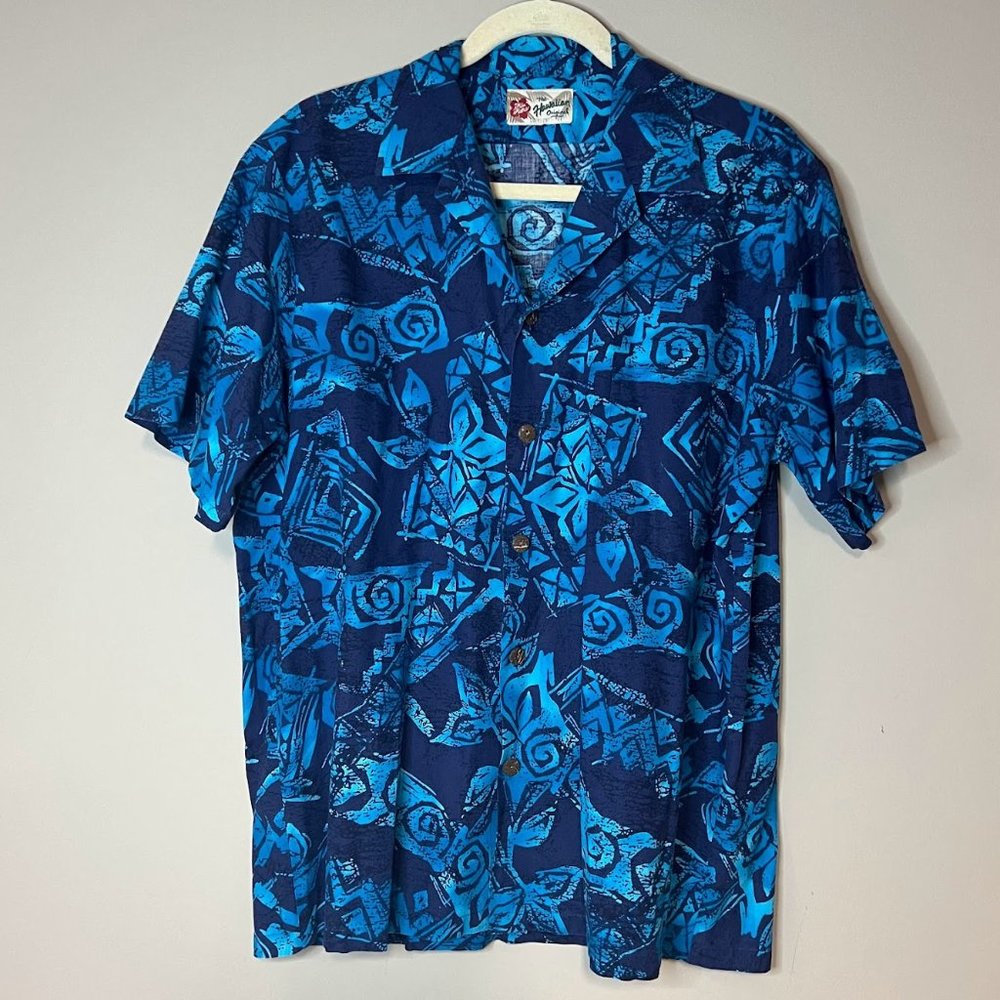 Vintage Hilo Hattie Blue Abstract Floral Tropical Hawaiian Shirt